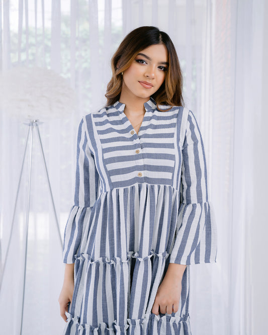 Stripes Ruffle Flared Long Sleeve Dress