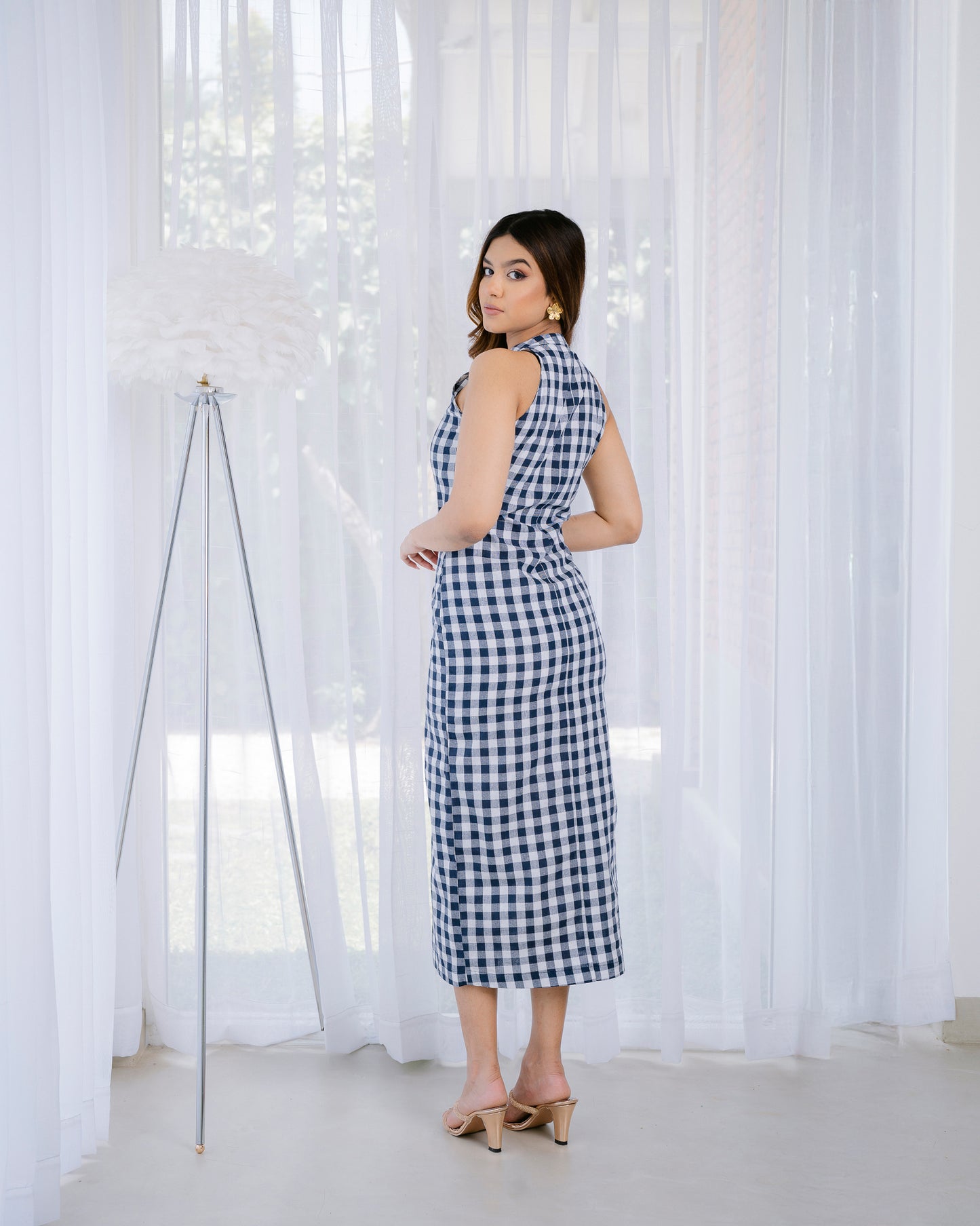 Button-Detail Check Sleeveless Dress