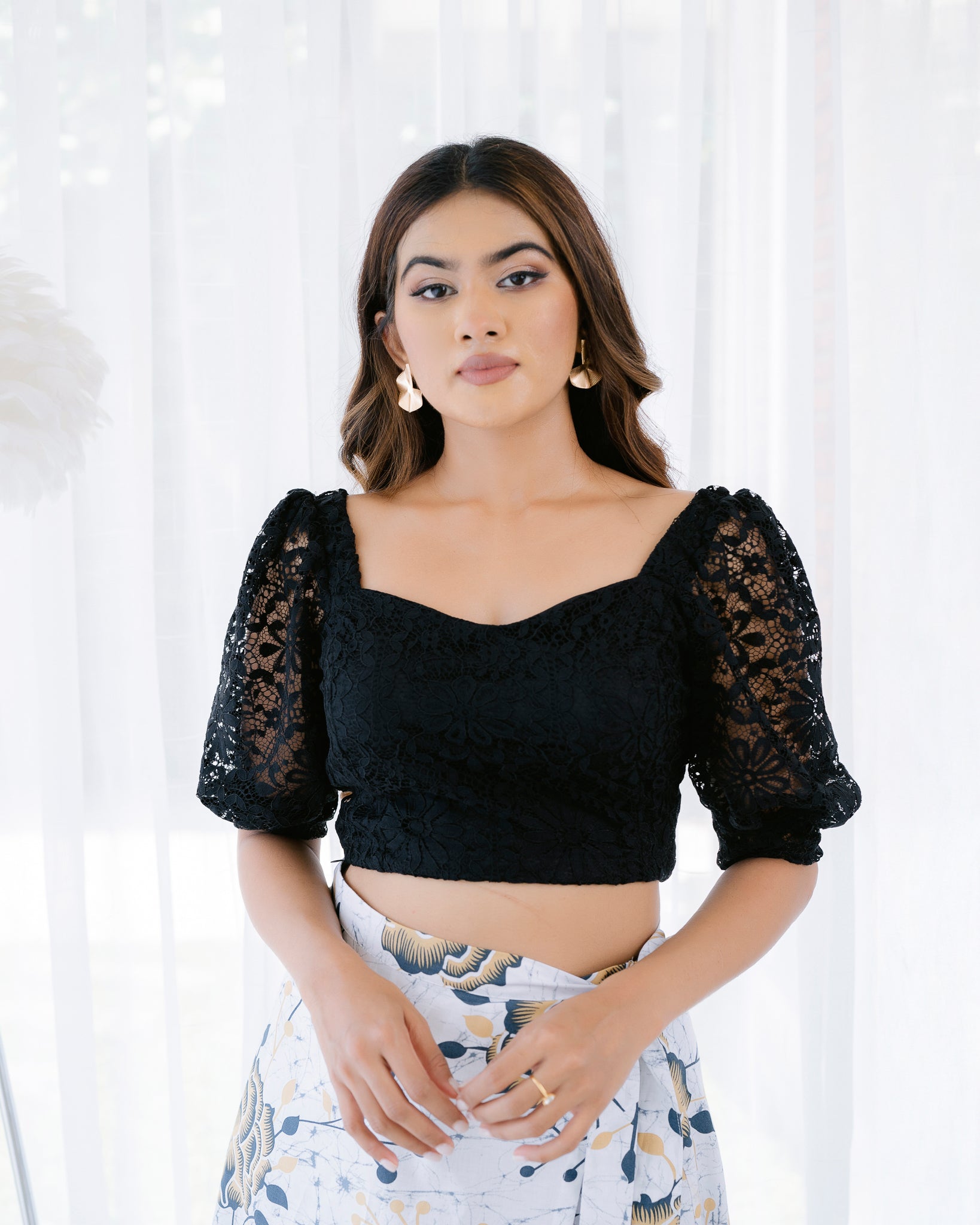 Puff Sleeve Black Mesh Top