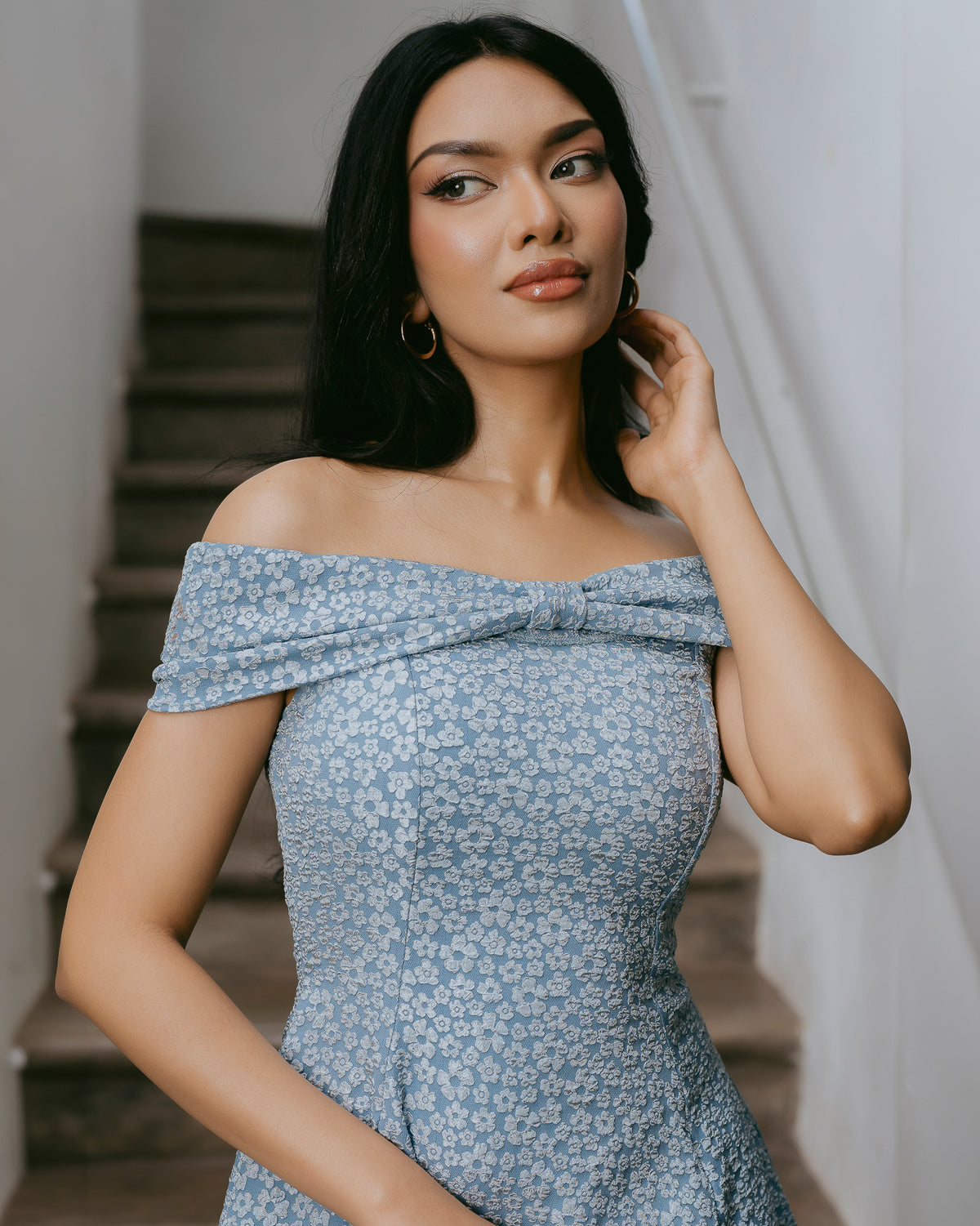 Drop-Shoulder Jacquard Short Dress