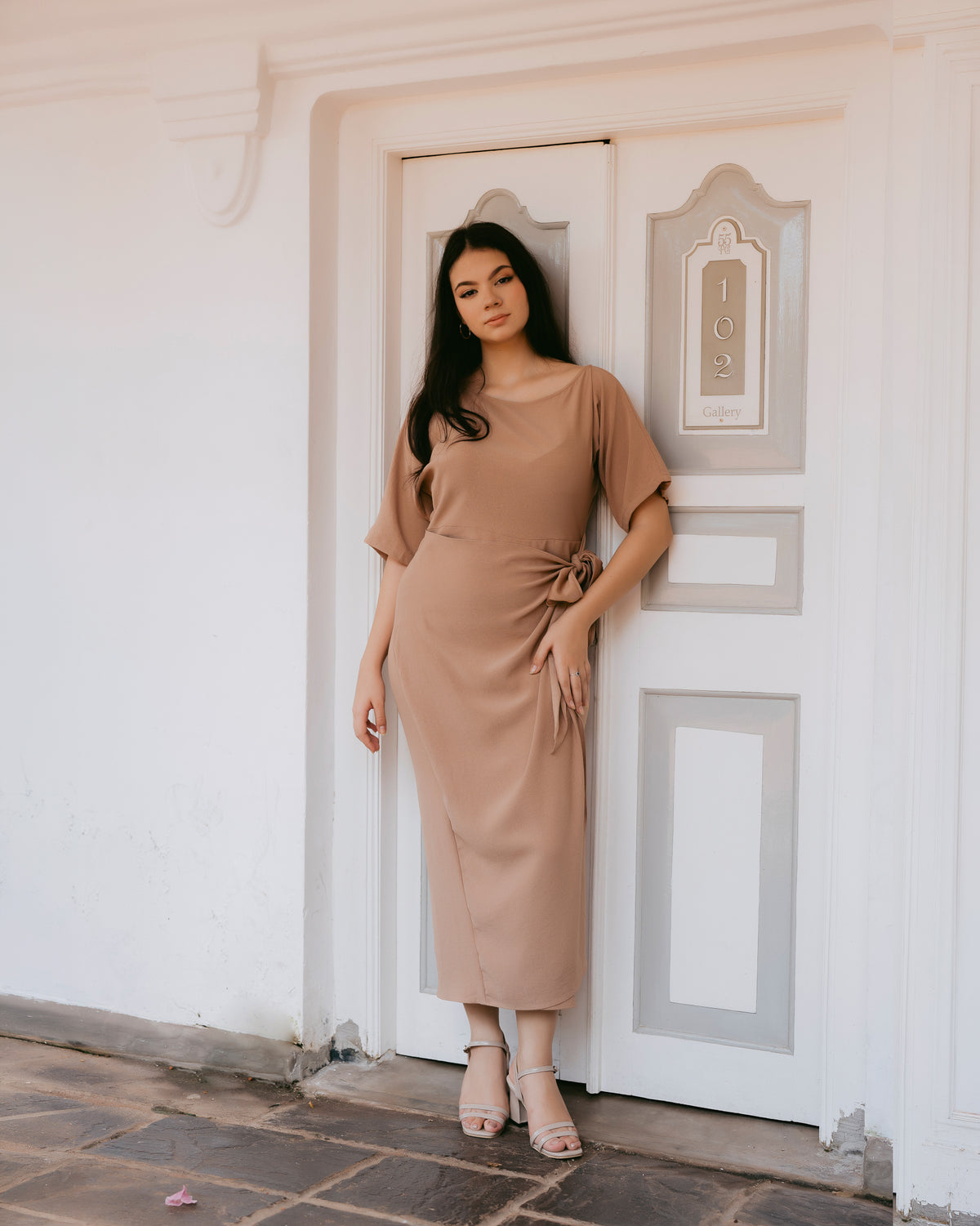 Drop-Shoulder Front Tie-Up Dress