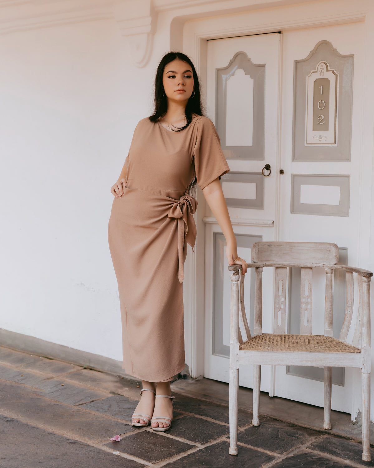 Drop-Shoulder Front Tie-Up Dress
