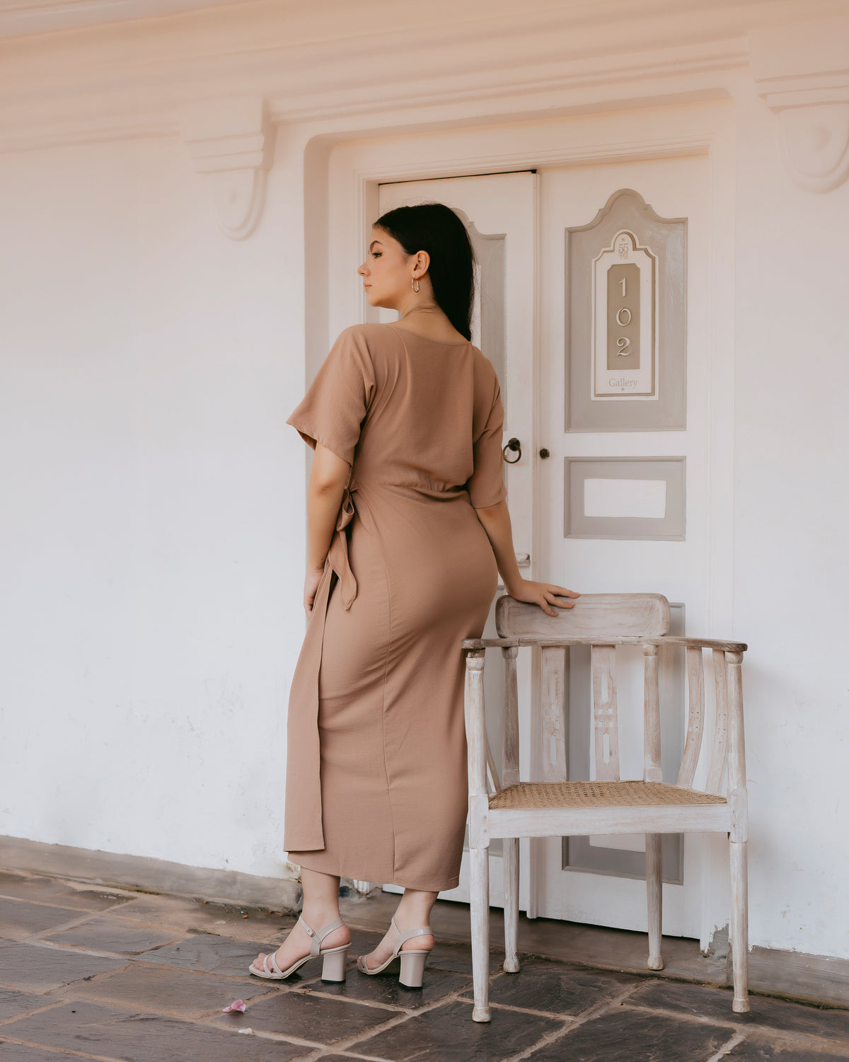 Drop-Shoulder Front Tie-Up Dress