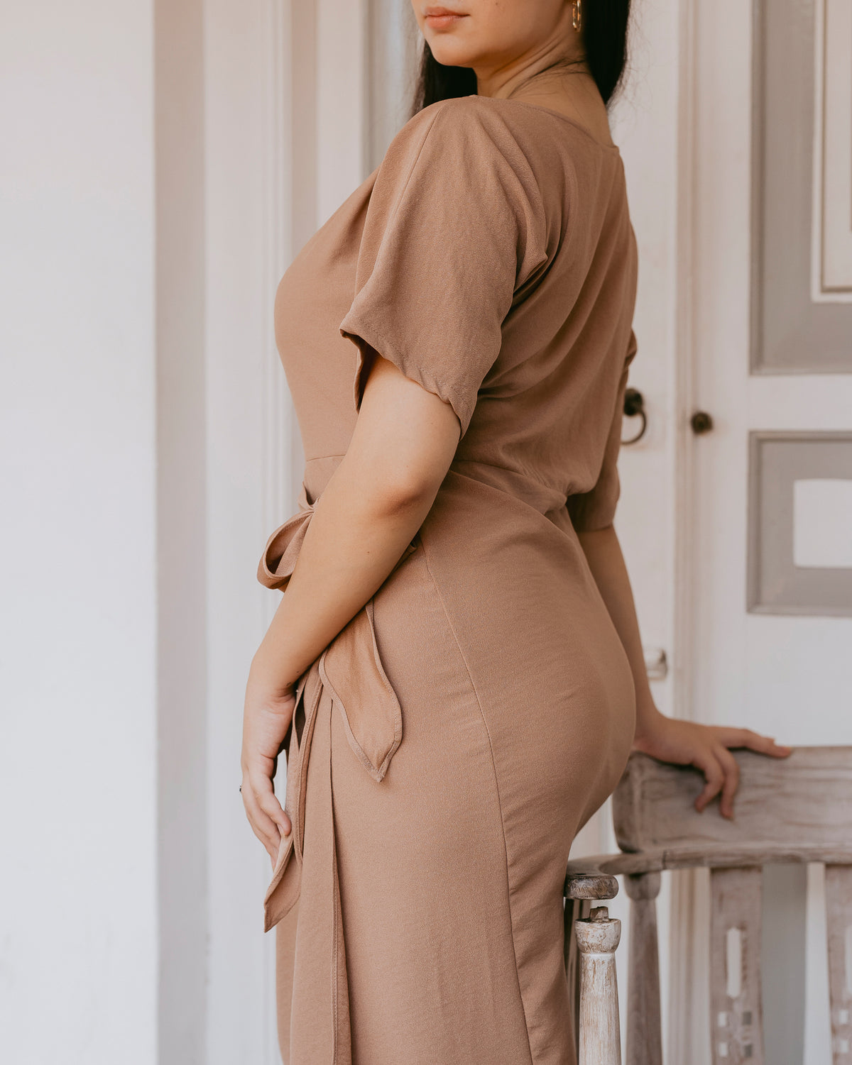 Drop-Shoulder Front Tie-Up Dress