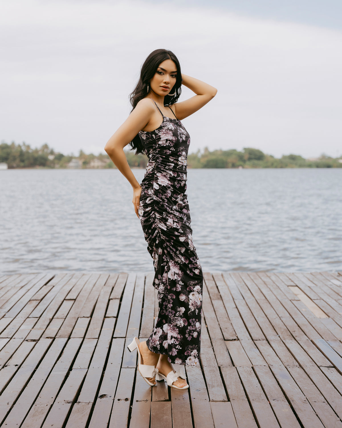 Floral Print Strappy Gathered Dress