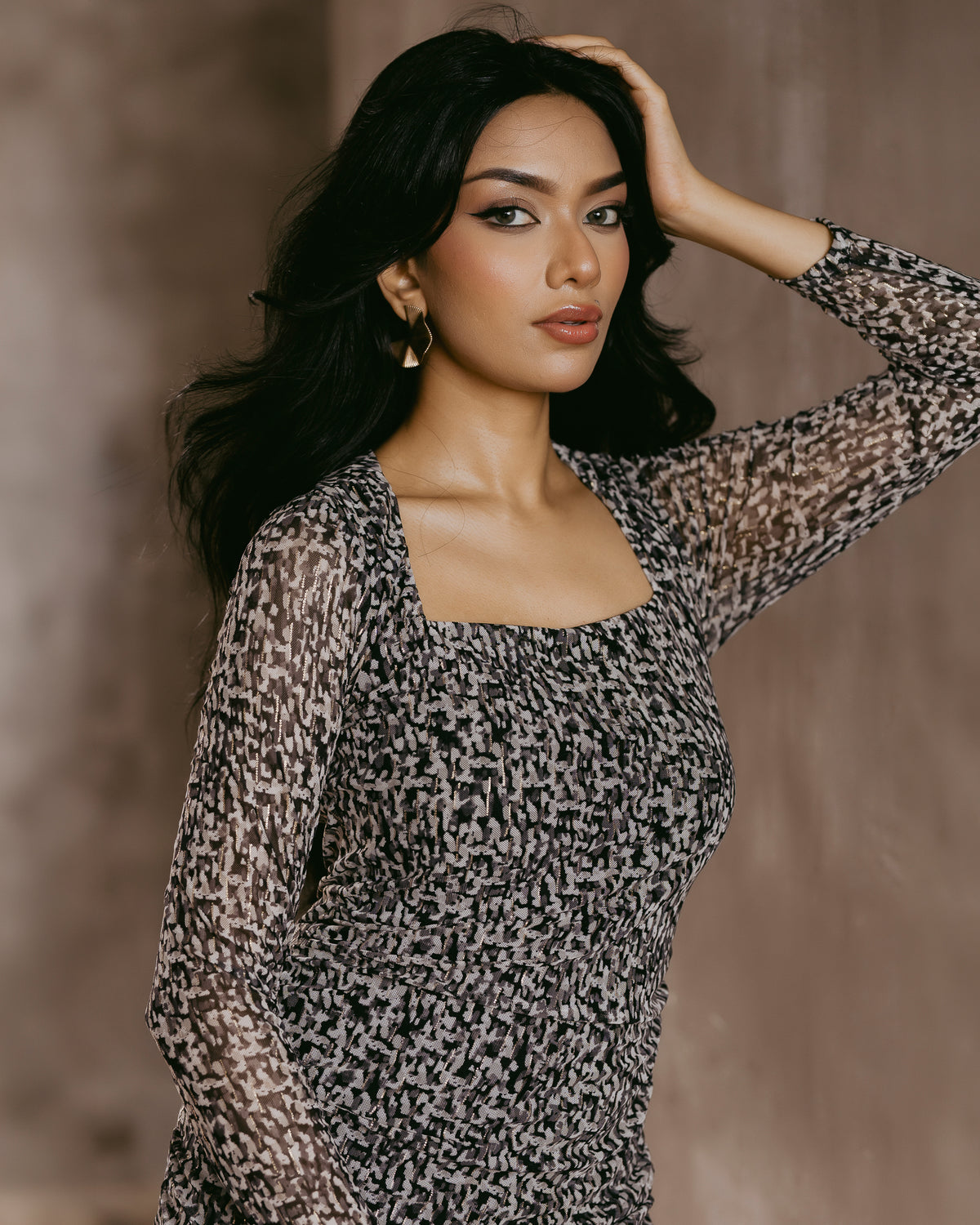 Long-Sleeve Mesh Dress