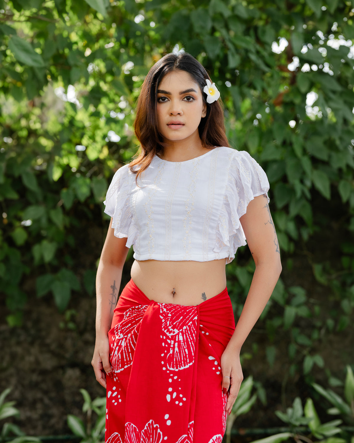Ruffle Hem Embroidered Crop Top