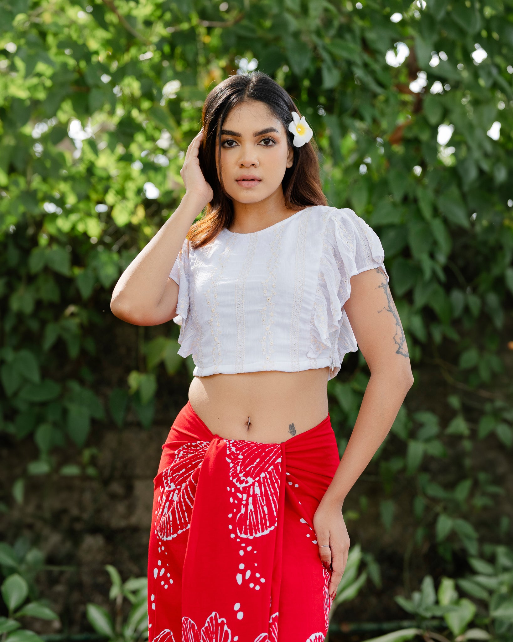 Ruffle Hem Embroidered Crop Top