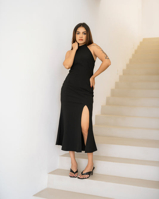 Halter Neck Slit Open Dress
