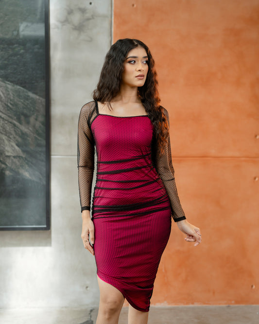 Long Sleeve Gathered Mesh Dress