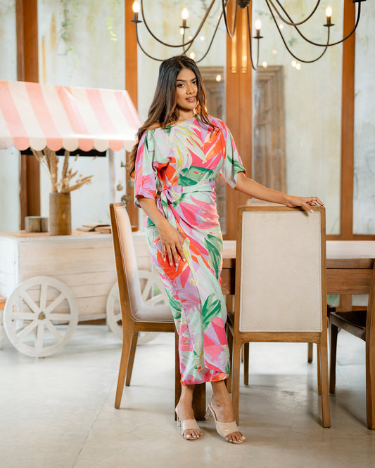 Drop Shoulder Front Knot Printed Dress