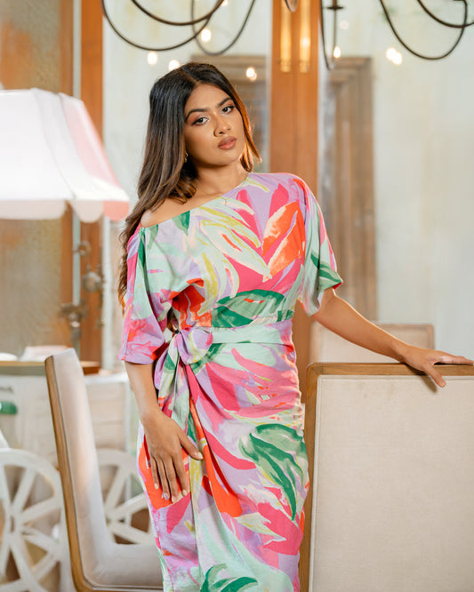 Drop Shoulder Front Knot Printed Dress