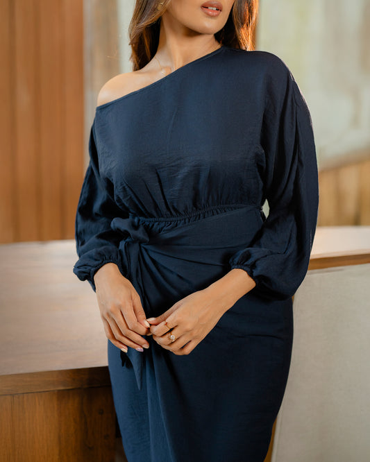 Drop Shoulder Long Sleeve Front Knot Dress
