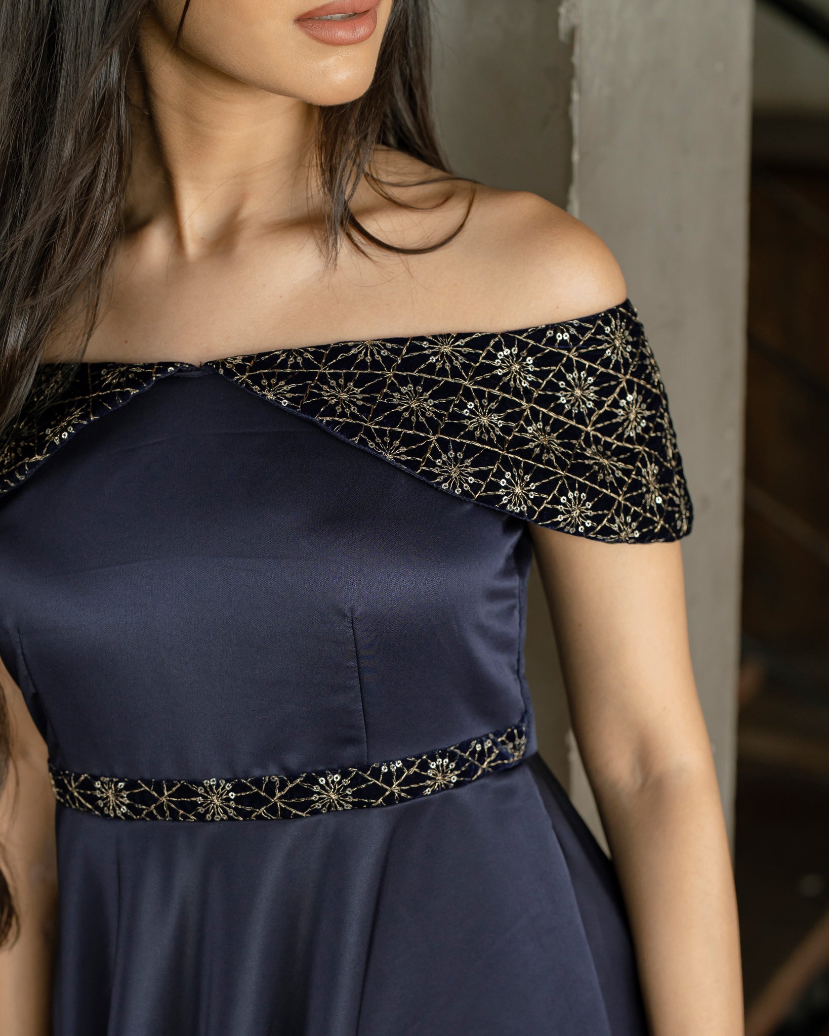 Drop Shoulder Gold Detail Dress