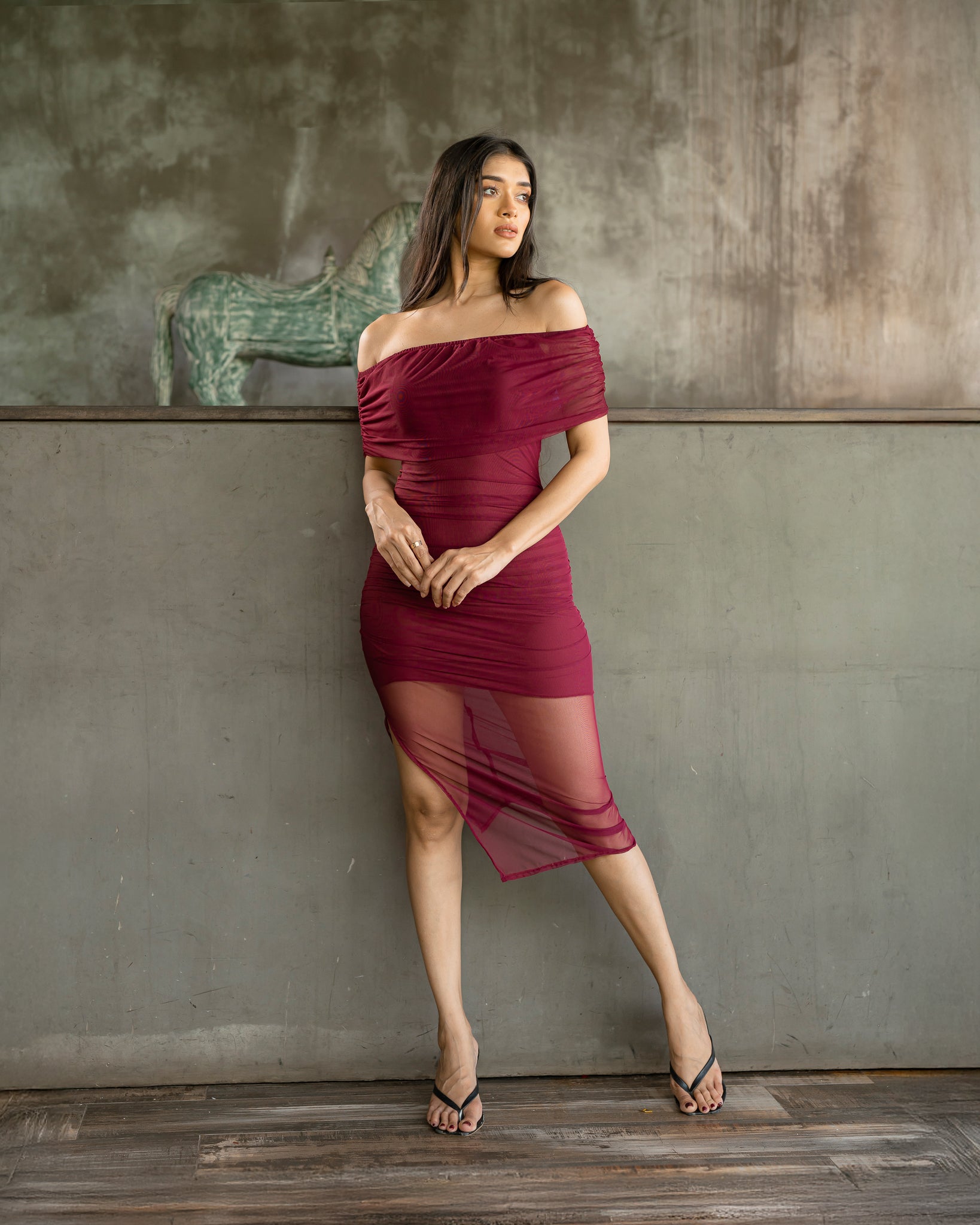 Mesh Drop Shoulder Gathering Dress