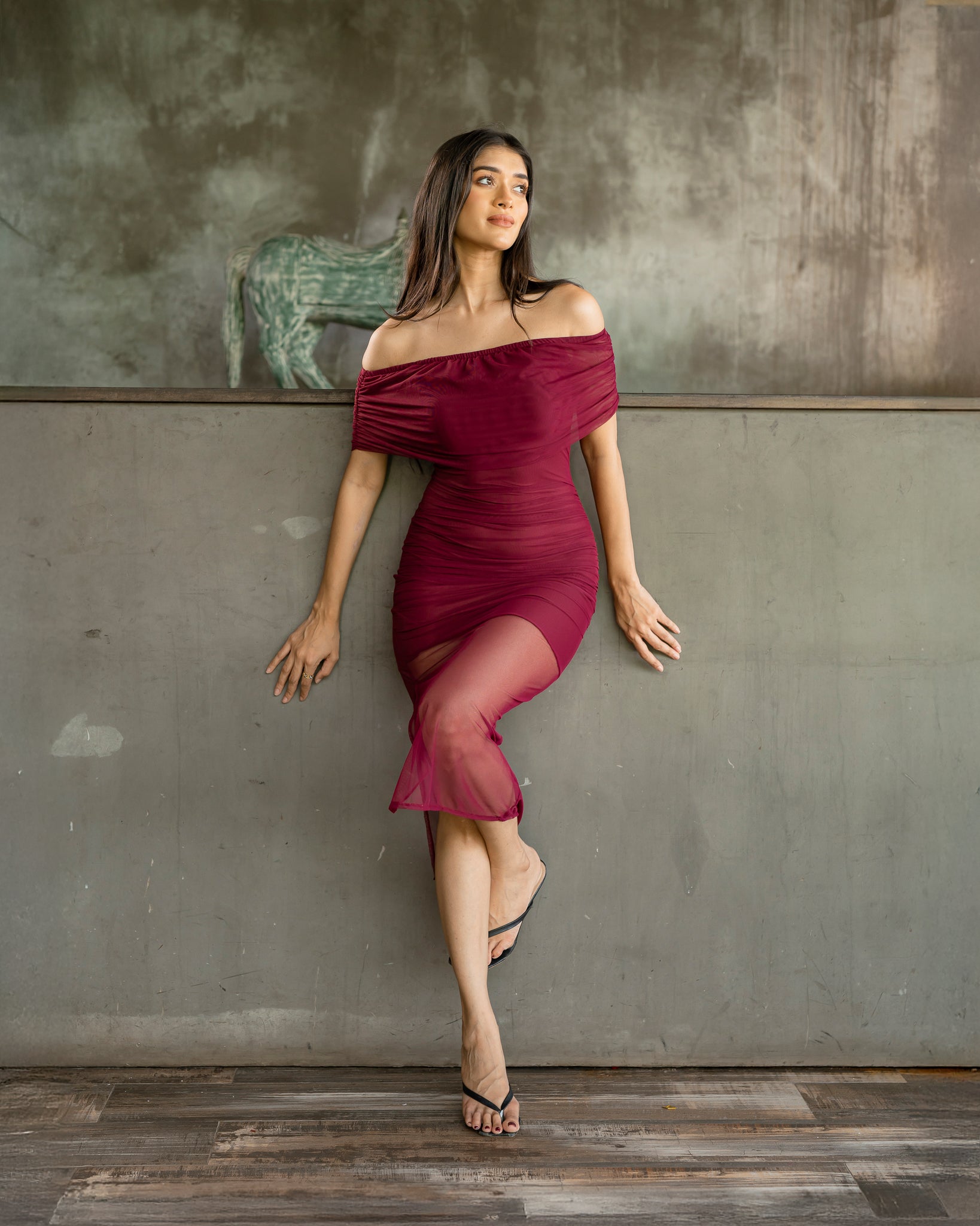 Mesh Drop Shoulder Gathering Dress