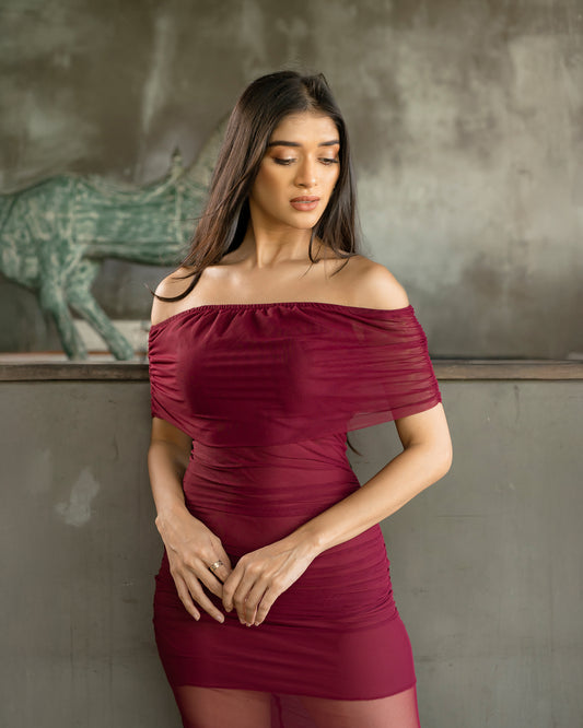 Mesh Drop Shoulder Gathering Dress