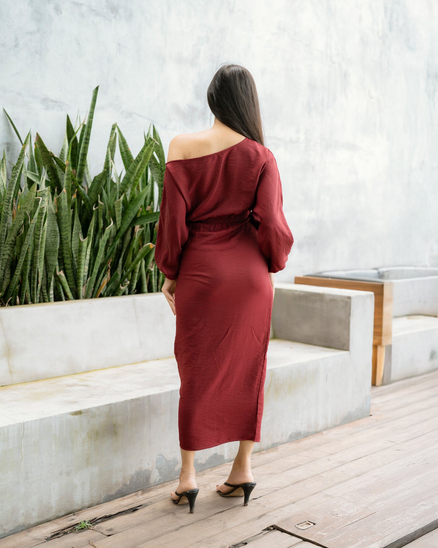 Drop Shoulder Long Sleeve Front Knot Dress