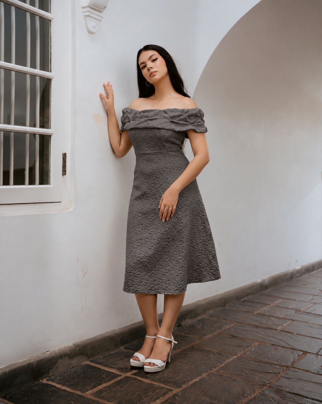 Drop Shoulder Jacquard Midi Dress