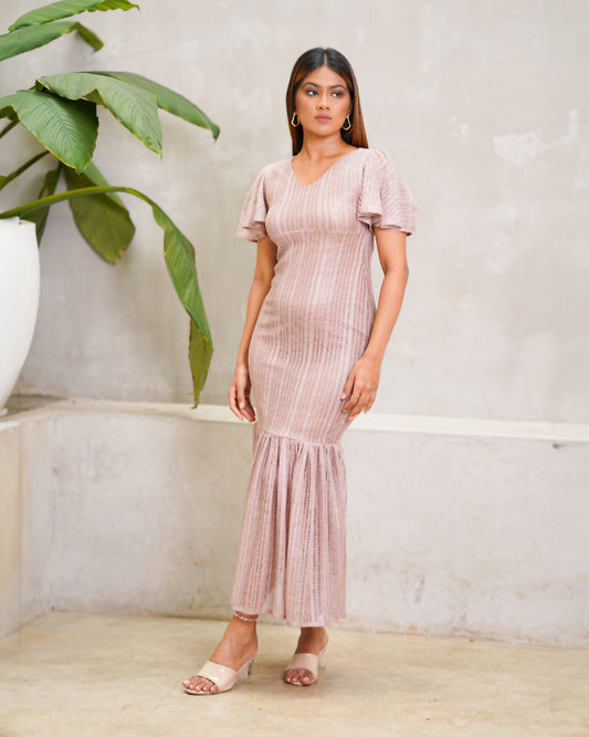 Flare Sleeve Gold Lace Detail Maxi Dress