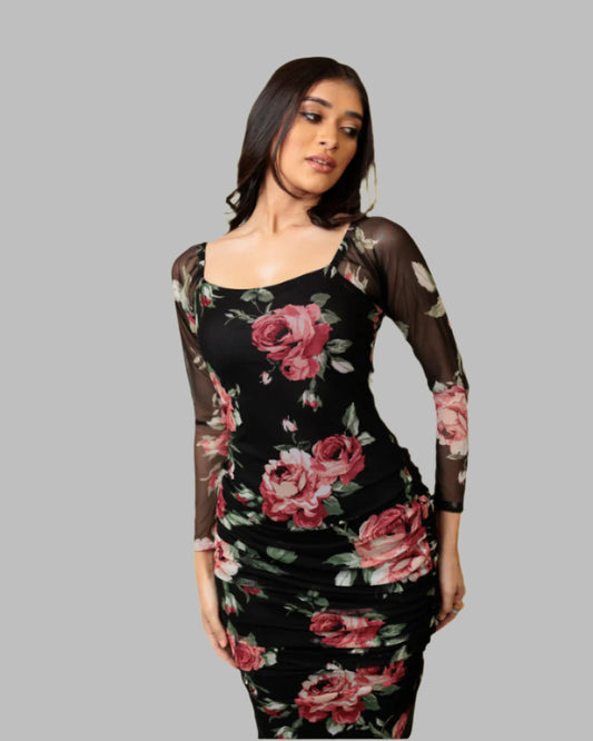 Longsleeve Gathered Floral Mesh Dress