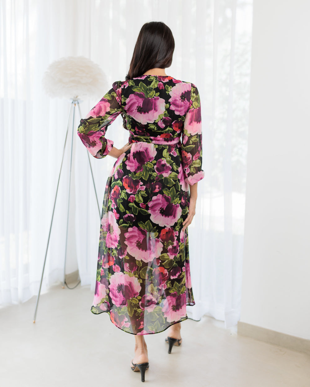 Long Sleeve Front Slit Floral Dress