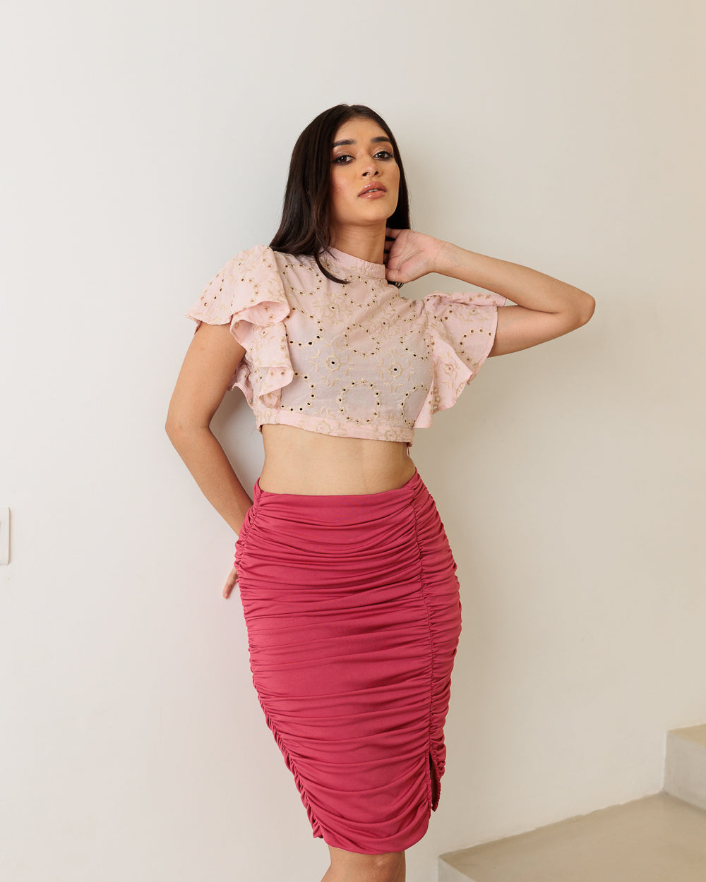 Cut-Lawn Flared Sleeve Crop Top
