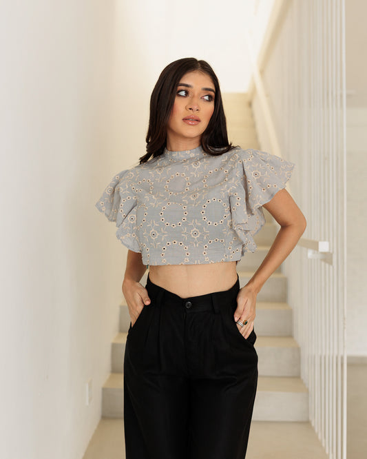 Cut-Lawn Flared Sleeve Crop Top