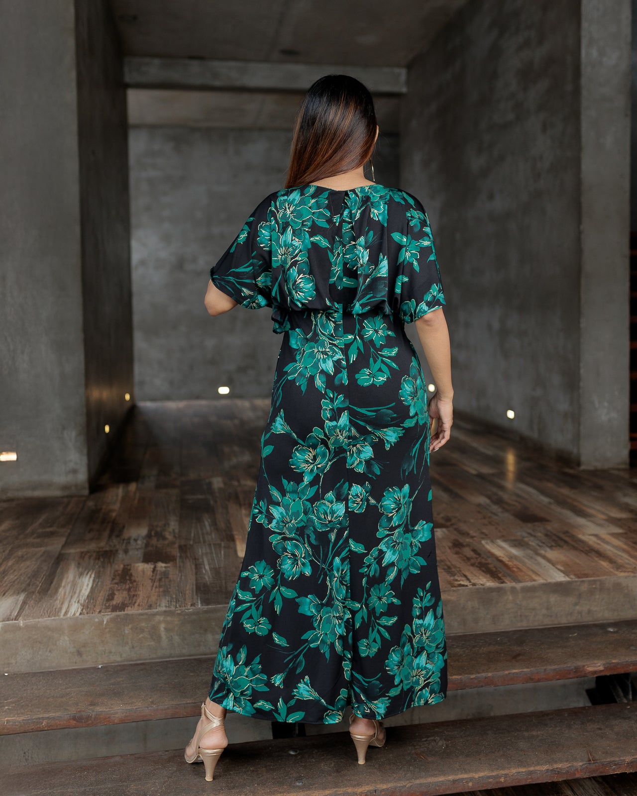 Front Slit Gold Printed Evening Maxi Dress