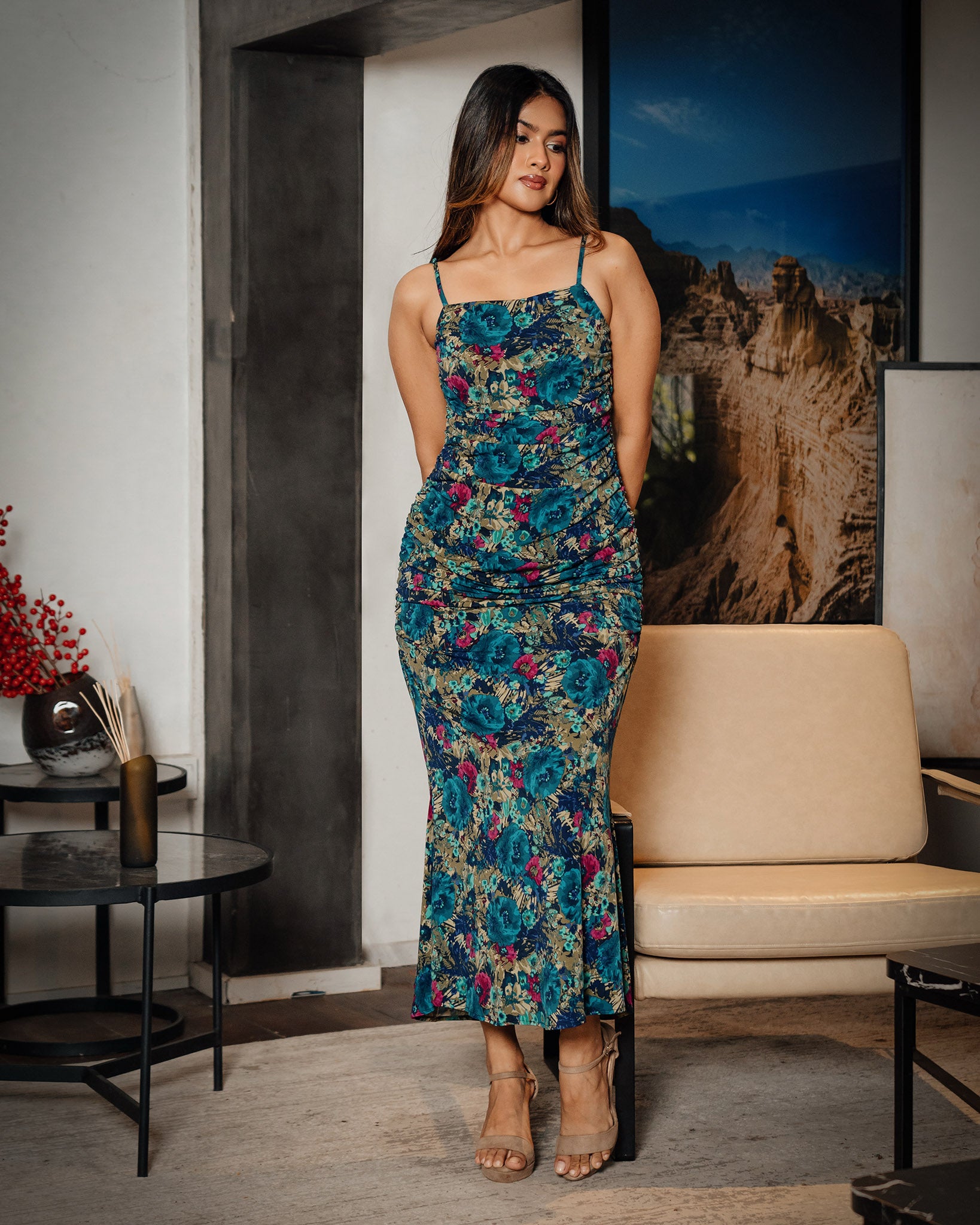 Strappy Gathered Printed Dress