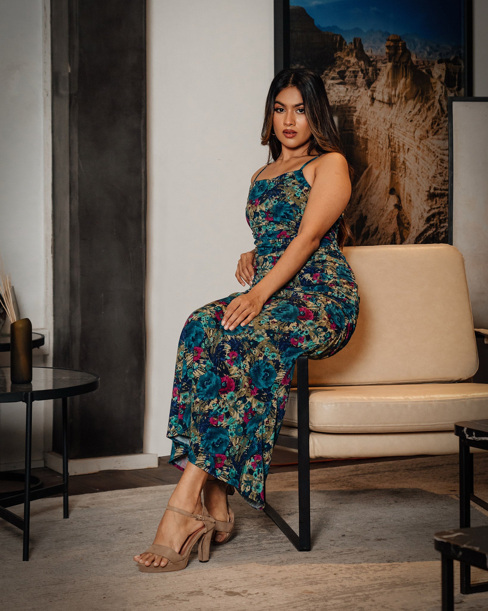 Strappy Gathered Printed Dress