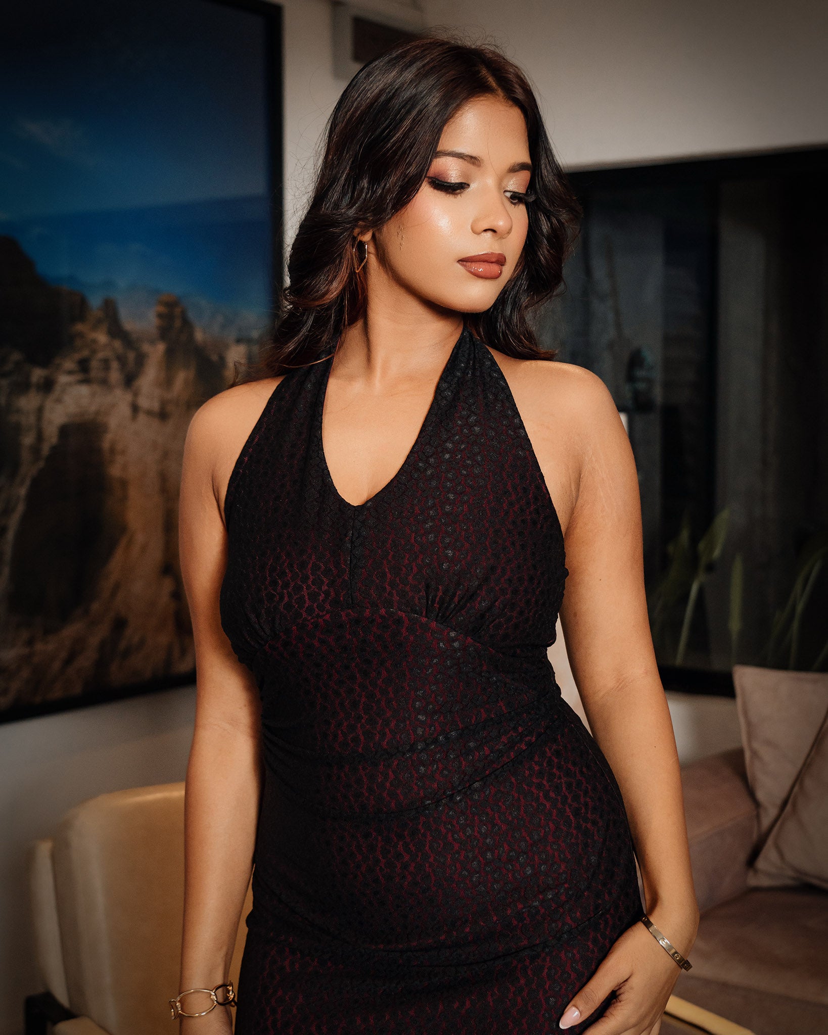 Pleated Mesh V-Neck Dress