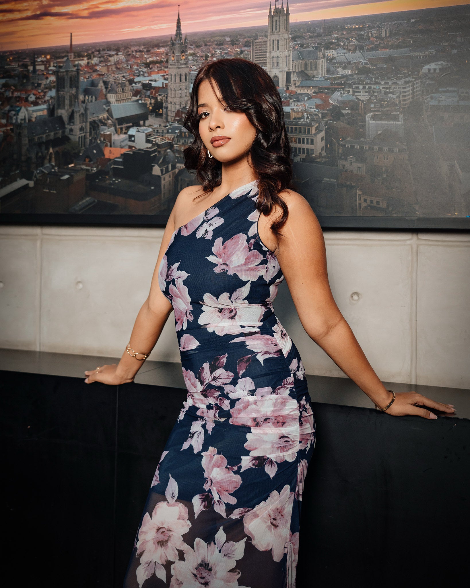 One Shoulder Printed Mesh Dress
