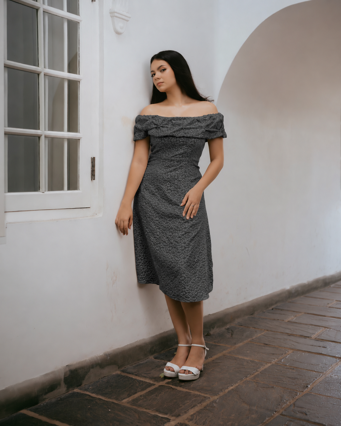 Drop Shoulder Jacquard Midi Dress