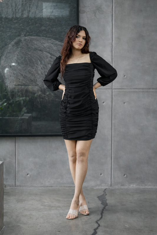 Side Gathering Long Sleeve Dress