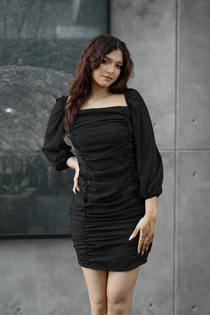 Side Gathering Long Sleeve Dress