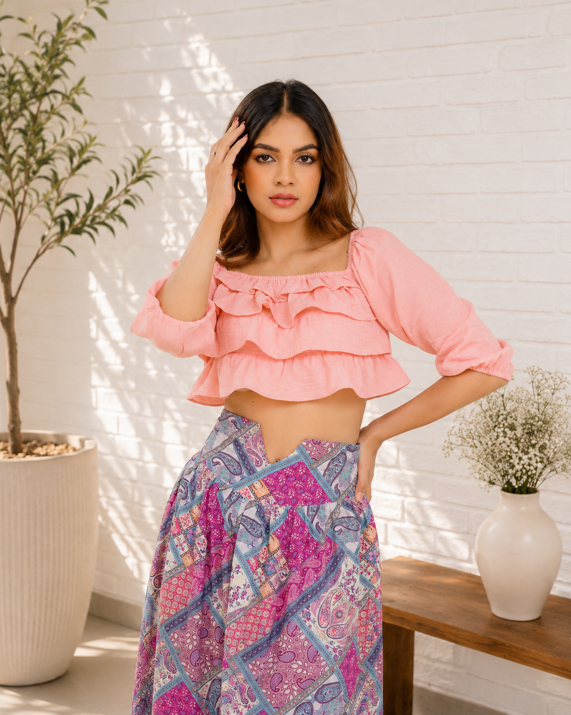 Ruffle Long Sleeve Crop Top & Printed Skirt Set