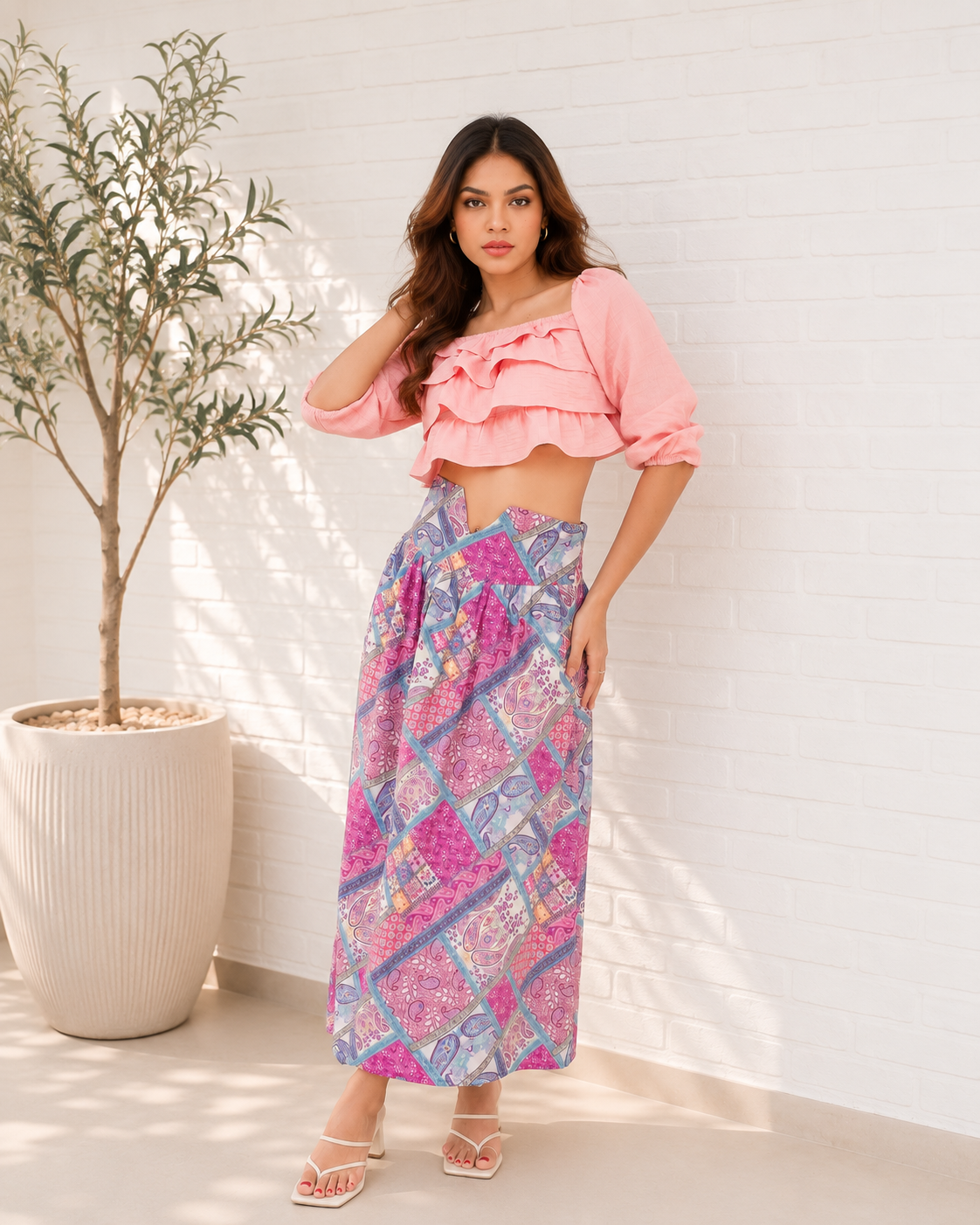 Ruffle Long Sleeve Crop Top & Printed Skirt Set
