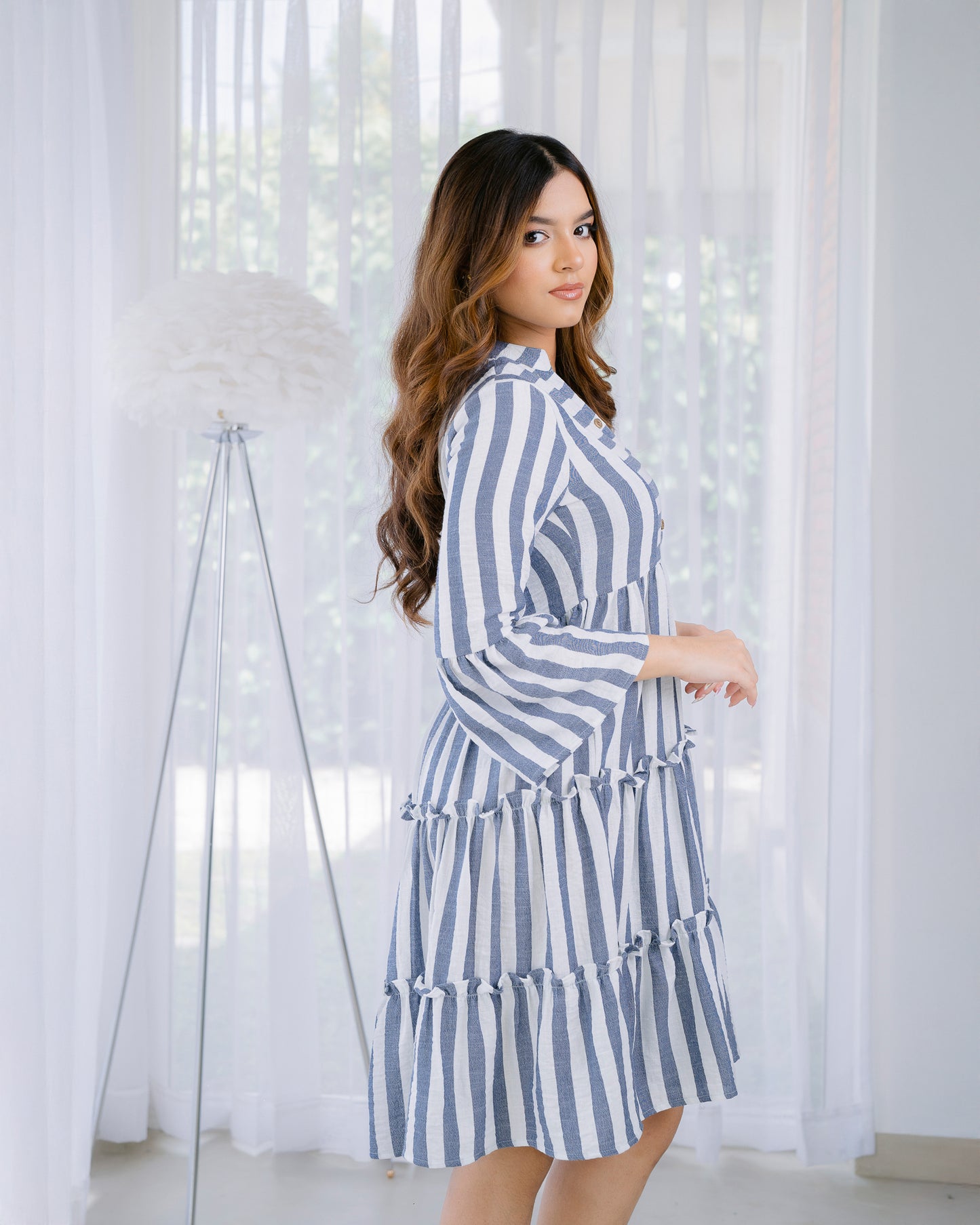 Stripes Ruffle Flared Long Sleeve Dress