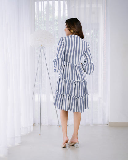 Stripes Ruffle Flared Long Sleeve Dress