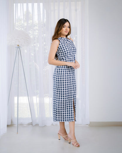 Button-Detail Check Sleeveless Dress