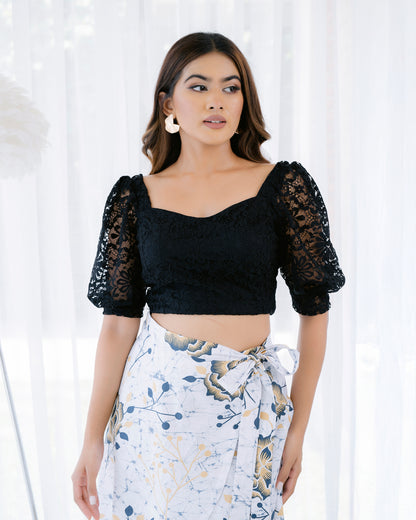 Puff Sleeve Black Mesh Top