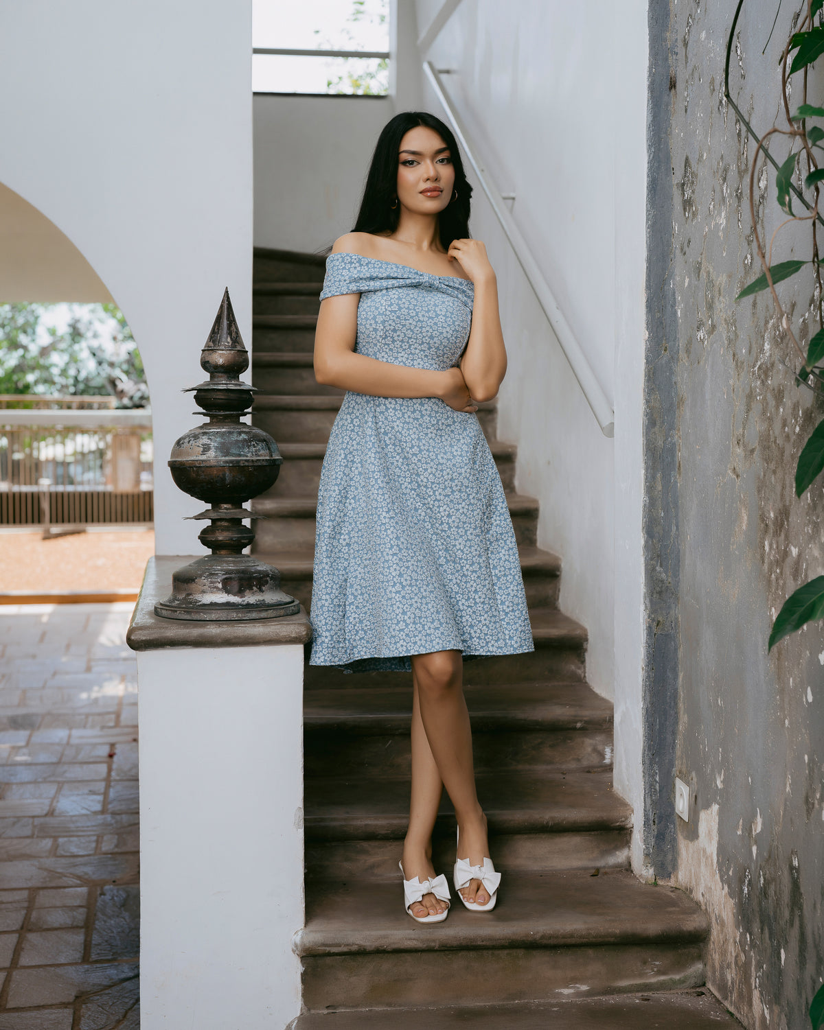 Drop-Shoulder Jacquard Short Dress