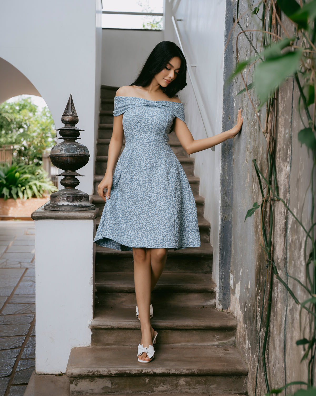 Drop-Shoulder Jacquard Short Dress