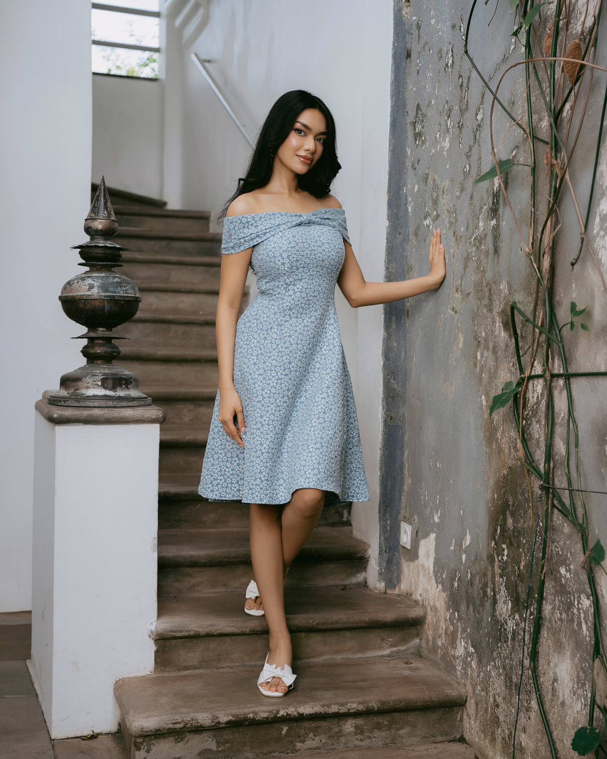 Drop-Shoulder Jacquard Short Dress
