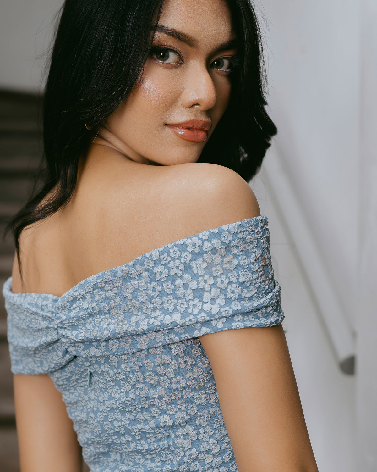 Drop-Shoulder Jacquard Short Dress