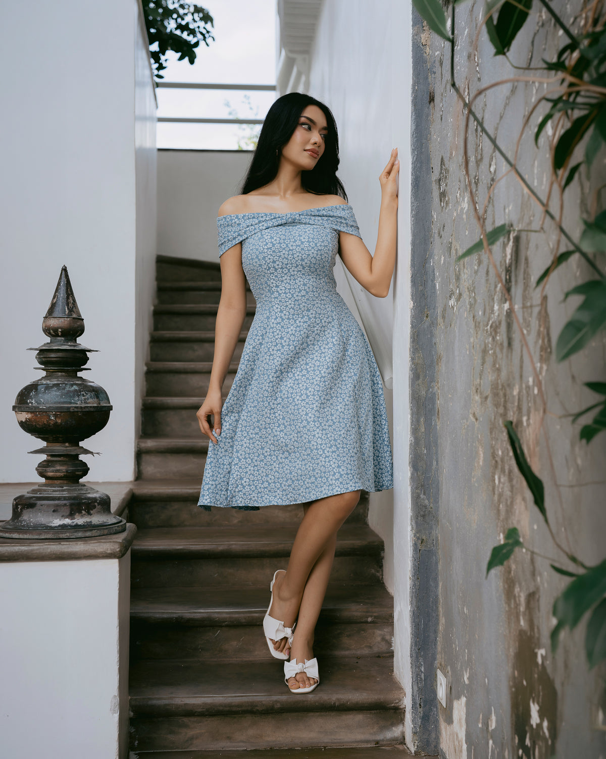 Drop-Shoulder Jacquard Short Dress