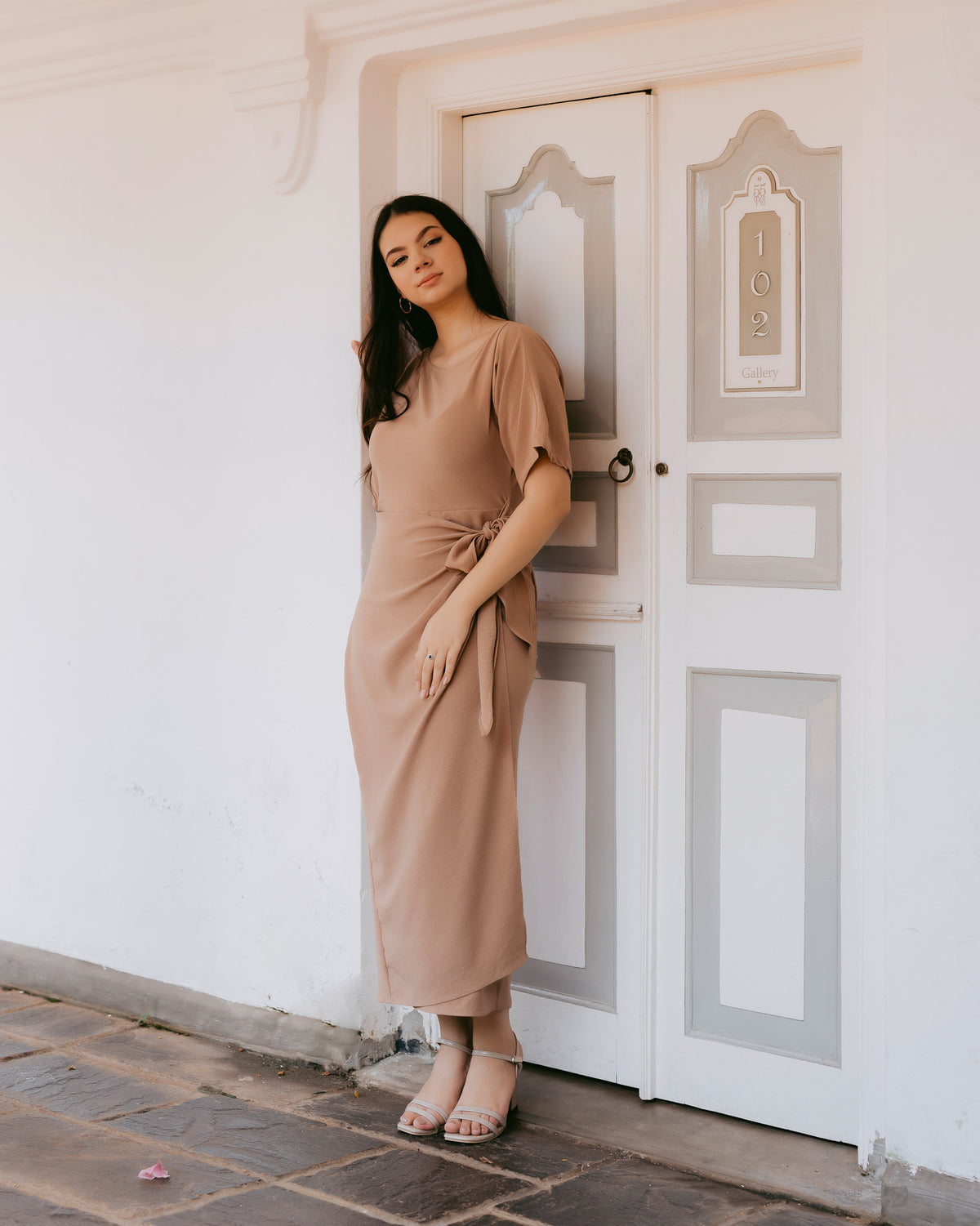 Drop-Shoulder Front Tie-Up Dress