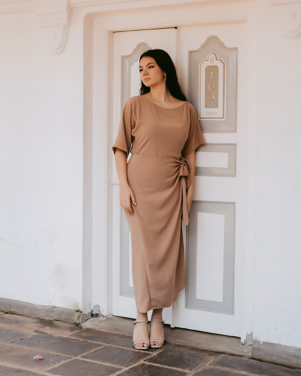 Drop-Shoulder Front Tie-Up Dress