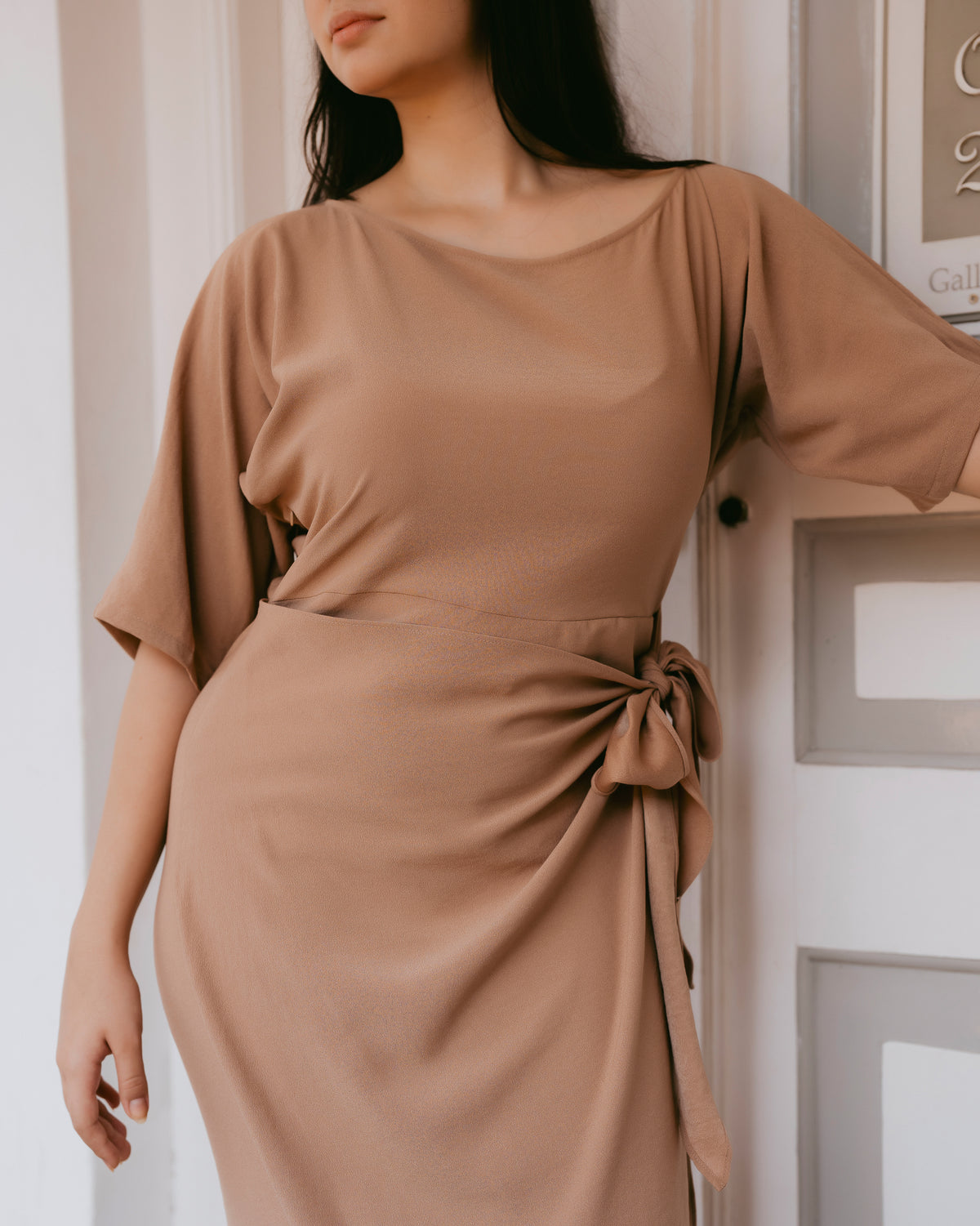 Drop-Shoulder Front Tie-Up Dress